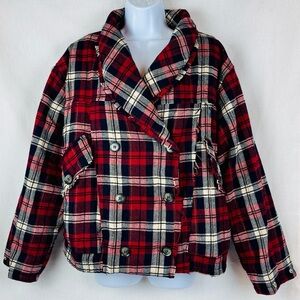 POL Red and Black Plaid Oversized Fit Frayed Quilted Cotton Jacket Coat Small